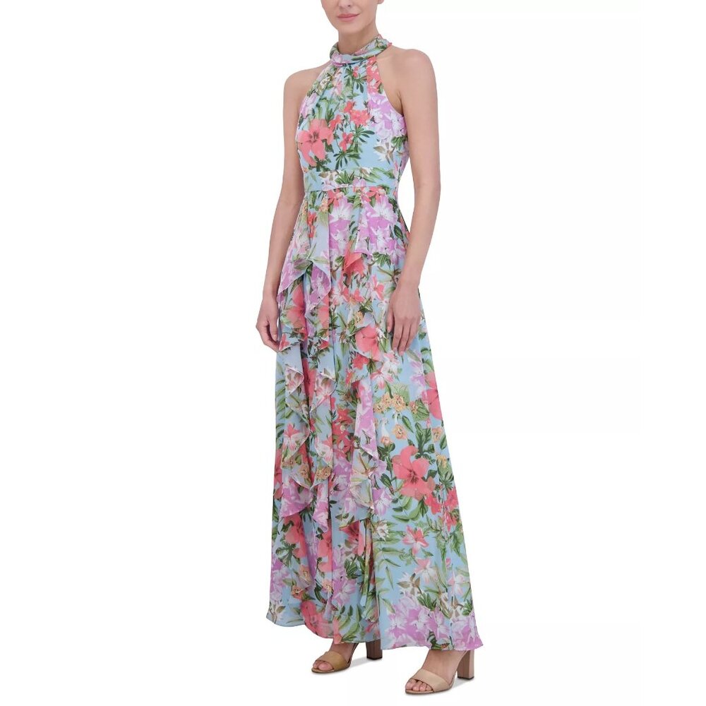 Eliza J Womens Floral Print Ruffled Halter Maxi Dress Blush Pink Size 6 NWT - Picture 2 of 5